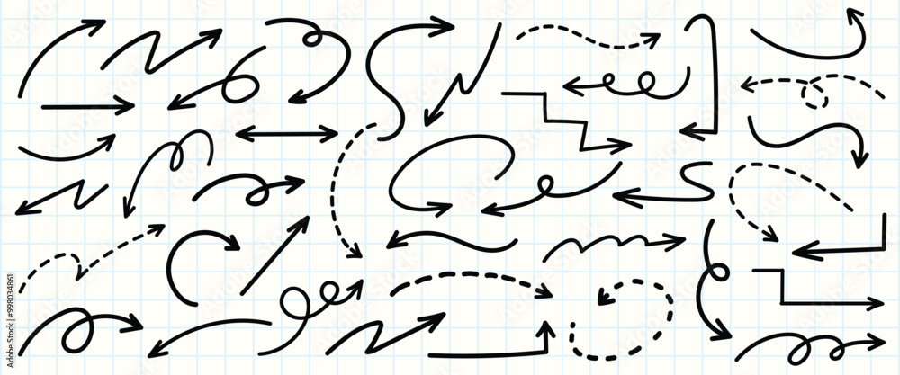Poster set of simple lines hand drawn black arrows in various style. set of simple of hand drawn black arro