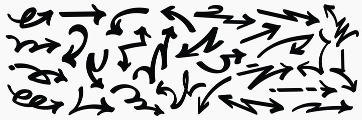 Set of simple bold lines hand drawn black arrows in various style. Set of simple of hand drawn black arrows. Set of simple bold lines hand drawn black arrows. Various of simple lines arrows collection