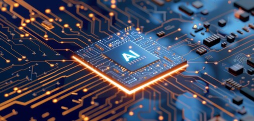 Close-up view of a computer microchip featuring intricate circuits and glowing elements, representing advanced technology and artificial intelligence.