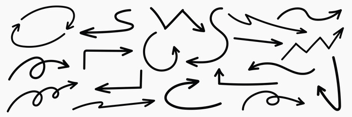 Set of simple lines hand drawn black arrows in various style. Set of simple of hand drawn black arrows. Set of simple lines hand drawn black arrows. Various of simple lines arrows collection