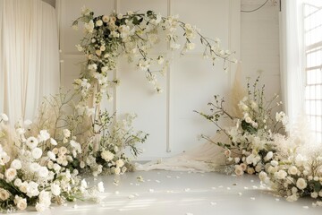 A white backdrop with a floral arrangement of orange and white flowers, generative ai image