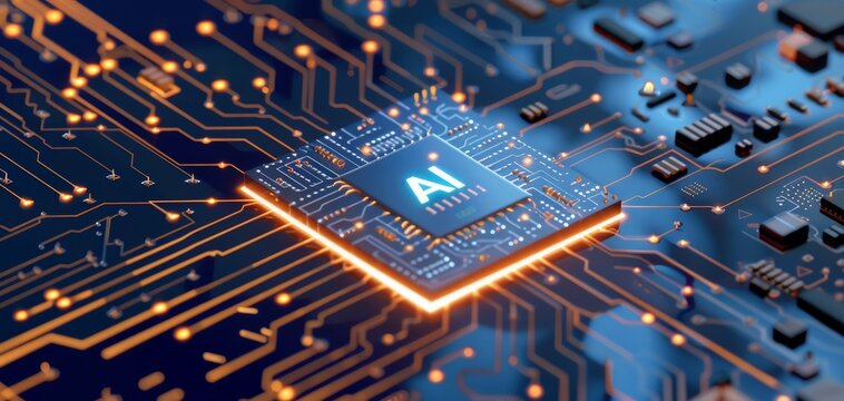 Close-up view of a computer microchip featuring intricate circuits and glowing elements, representing advanced technology and artificial intelligence.