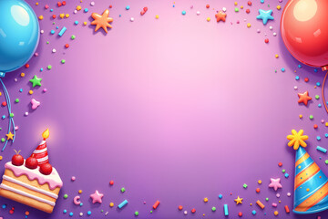 Festive background. Colorful and festive graphic design, likely intended for a birthday celebration, featuring a large purple background with confetti, balloons, and decorations such as cake.