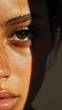 Model showcasing a dramatic shadow across her face accentuates her brown eyes and full lips. The composition radiates beauty and confidence within a studio environment