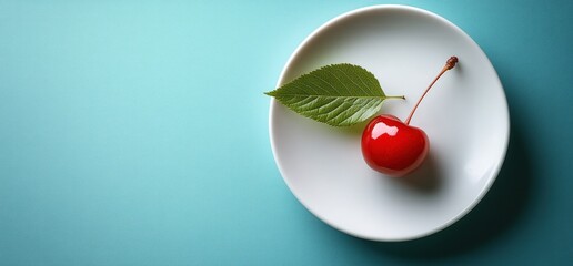 Single red cherry with green leaf on white plate against light blue background.