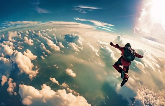 Parachutist with parachute makes heavenly adventure against on landscape