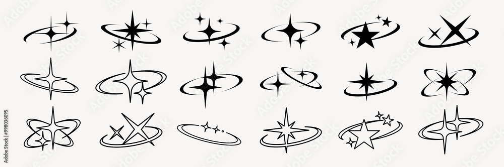 Poster stylized stars with orbit line set vector. set of stylized stars with orbit line in various designs.
