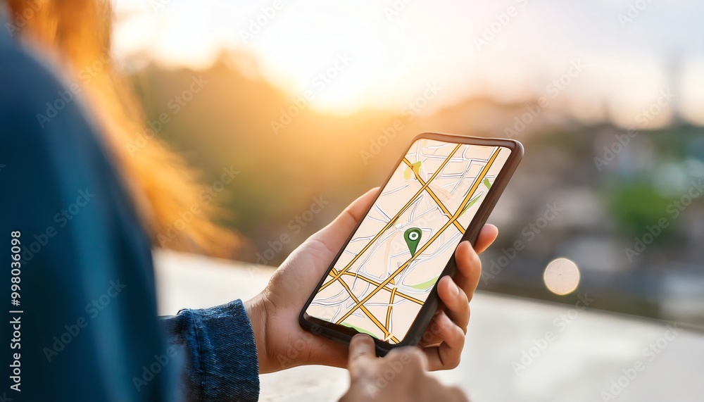 Aufkleber a person checks a gps map on their smartphone, with a sunset backdrop, indicating navigation or expl