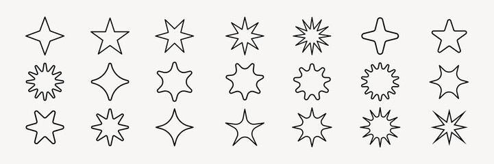 Star sparkle outline doodle set vector. Hand drawn star glitter sparks outline. Sparkle and starburst icons. Glittering spark star outline shapes. Shiny line firework star outline icon. Sparkle star