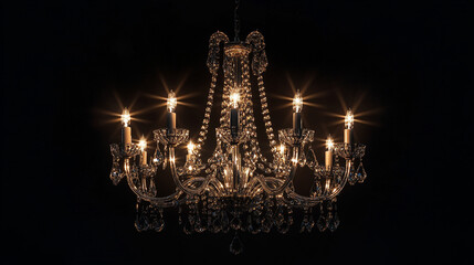 Elegant crystal chandelier shining brightly against a dark background in an ornate setting