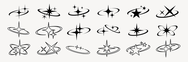Stylized stars with orbit line set vector. Set of Stylized stars with orbit line in various designs. Stylized stars with orbit line vector collection. Stylized stars with orbit line vector set.