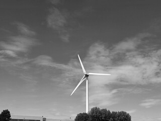 Wind power plant rotor, green eco energy concept, black and white monochrome grayscale