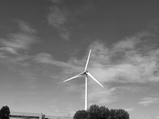 Wind power plant rotor, green eco energy concept, black and white monochrome grayscale