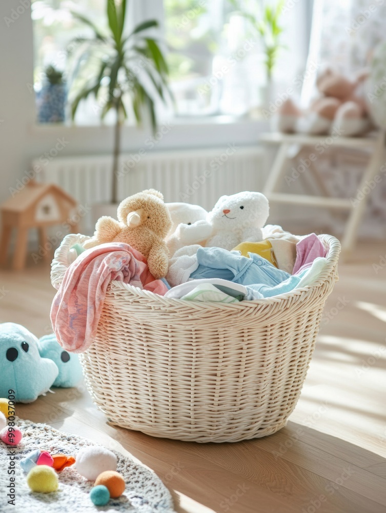 Poster brightly colored children's clothes and soft toys overflow from a laundry basket in a cheerful, sunl