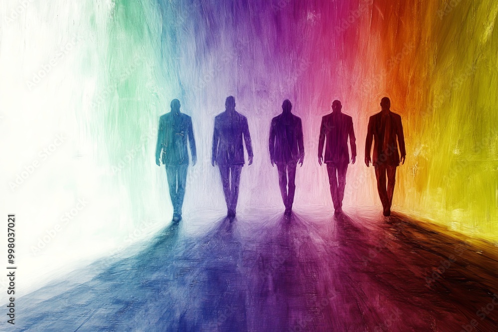 Poster silhouettes of five people walking through a tunnel of rainbow light symbolizing progress unity and 
