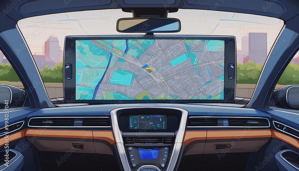 Poster a modern car interior features a large navigation display showing a city map with vibrant details, c