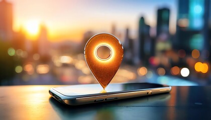 A smartphone displays a glowing location pin against a cityscape, symbolizing navigation and connectivity at sunset.