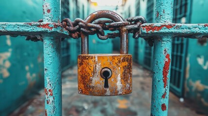 Rusty padlock and chain securing a blue metal gate.