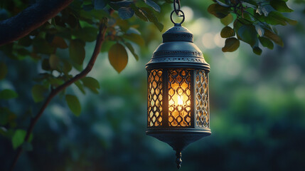A decorative lantern illuminating a serene garden at dusk