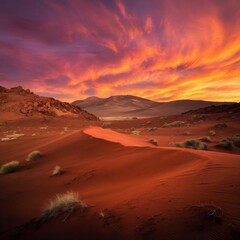 a desert landscape with a mountain in the background,a sunset with mountains and a desert landscape, sand dunes of dessert on mars planet isolated landscape