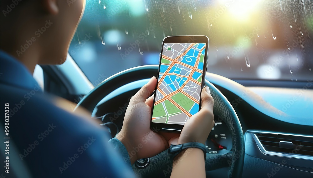 Poster a person using a smartphone displaying a map while driving in a car, with rain on the windshield and