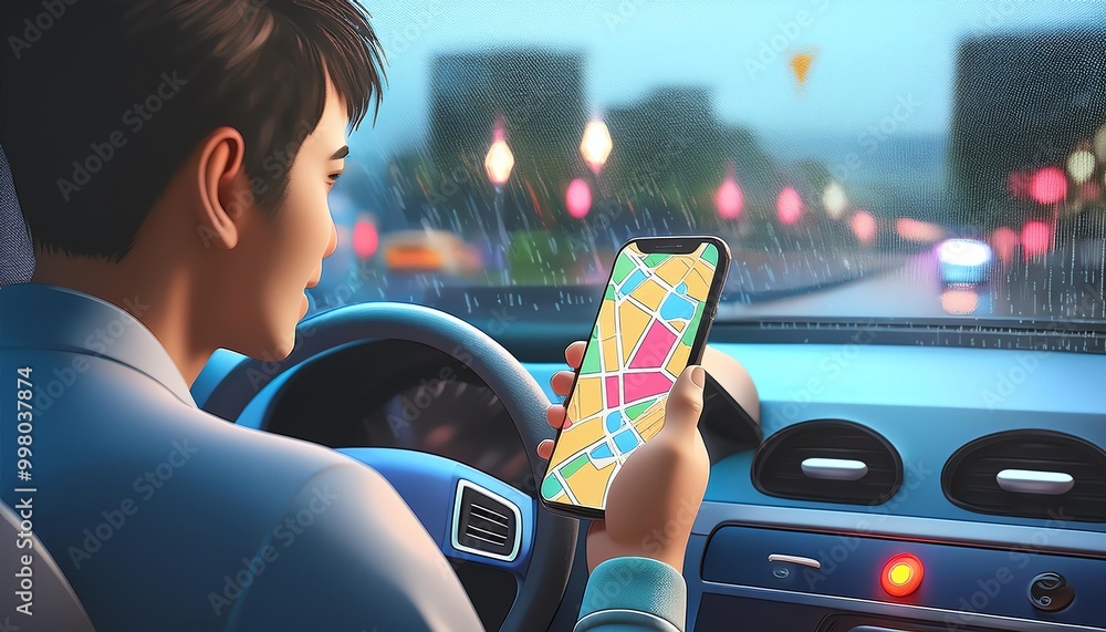 Poster a person inside a car using a smartphone to navigate while it's raining outside, illuminated by city