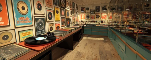 Fotobehang Muziekwinkel Home office with a vintage record store theme, featuring walls lined with vinyl records, a turntable desk setup, and retro music posters Nostalgic and cool  © Abdul