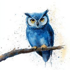 Fototapeta premium Watercolor painting of a fluffy owl perched on a branch, on isolated white background