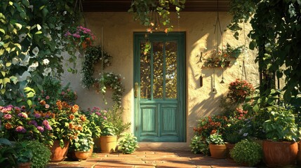 An inviting open door scene, framed by potted plants and vibrant hanging flowers, with wind chimes swaying softly above the porch