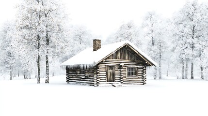 Snow-covered cabin in the woods on a white background