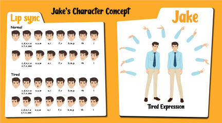 Tired male employee cartoon character AKA Jake, men wearing an office uniform. Tired face expressions and lip sync. Set of male cartoon with various hand gesture and front and 1/3 standing pose. © characterbazaar