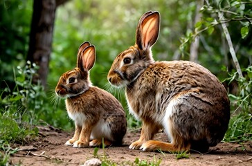 Fototapeta premium Two beautiful rabbits, big and small, sitting on grass in a forest