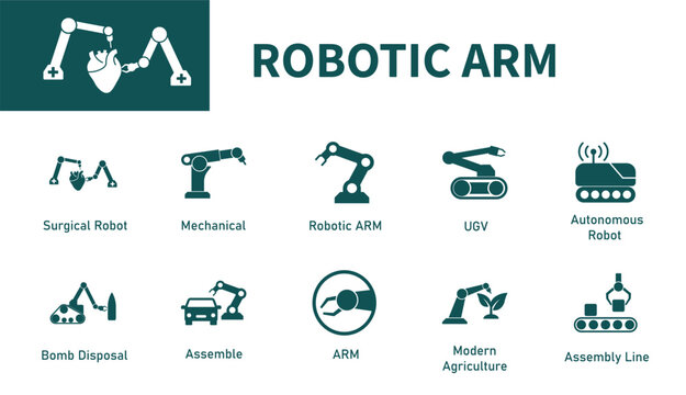 Robotic arm icon. Set of solid vector icons on automation, AI, engineering technology, surgical robots, assembly line.