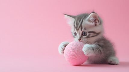 3D minimal pastel kitten playing with a ball icon with soft paws placed on a clean background