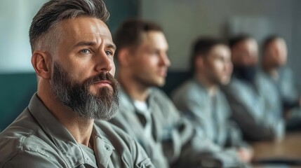 Fototapeta premium A group of men in grey jackets sit in a row, listening intently to a speaker. The man in the foreground has a beard and serious expression.
