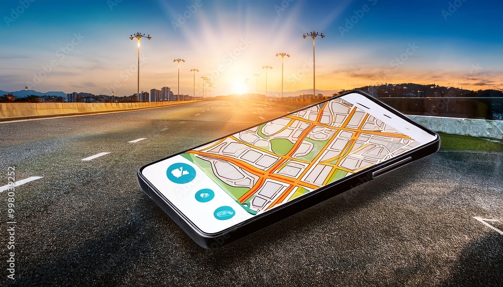 Poster a smartphone displaying a map rests on an asphalt road, illuminated by a vibrant sunset, symbolizing