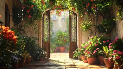 Fototapeta premium An open door framed by a garden of potted plants, with wind chimes hanging gently and flowers draping from above, creating a welcoming space