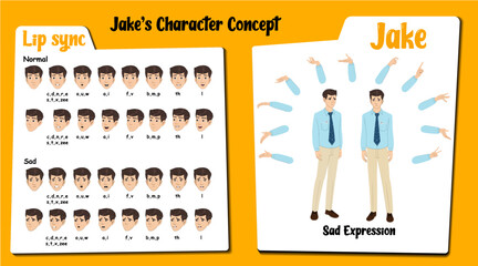 Sad male employee cartoon character AKA Jake, men wearing an office uniform. Sad face expressions and lip sync. Set of male cartoon with various hand gesture and front and 1/3 standing pose.