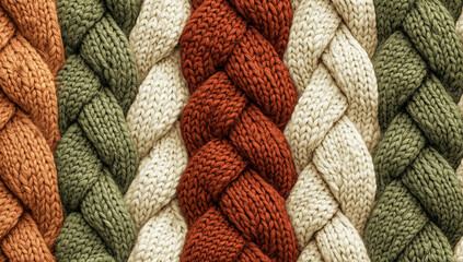 A textured pattern resembling knit fabric, with soft, warm colors like cream, rust, and olive green