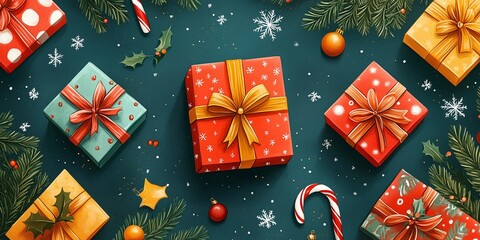  vibrant and festive Christmas scene featuring beautifully wrapped gift boxes in red, yellow, and orange hues.