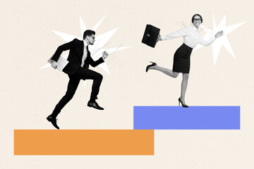 Composite photo collage of serious businessman happy girl clerk run collaboration concept late...