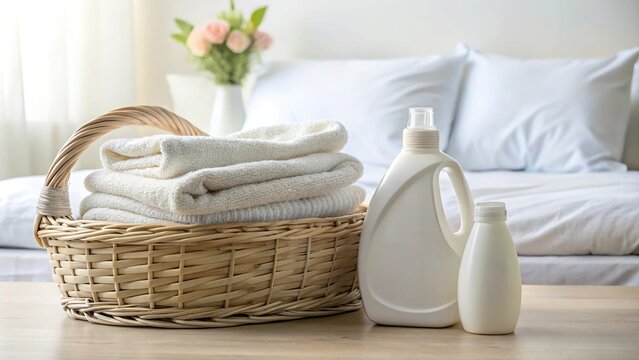 Fisheye washing gel liquid laundry detergent and fabric softener basket with Peshtemal towel on white bed linen with copy space