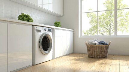 A bright and airy laundry room showcases built-in washer and dryer, sleek cabinetry, and a basket filled with clean laundry. Generative AI