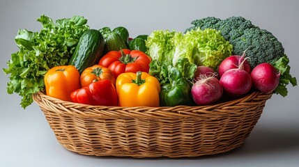 Assorted fresh vegetables in a wicker basket. Basket with a variety of appetizing vegetables