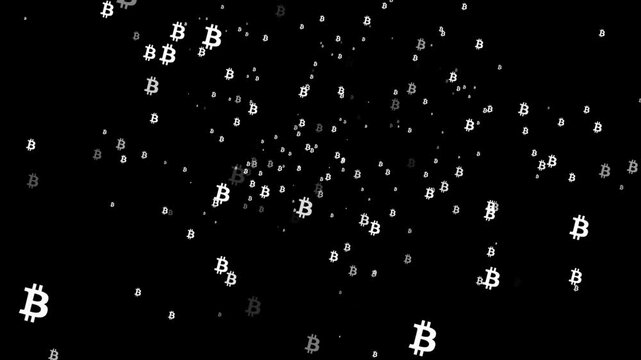 Flying white Bitcoin Icons Animation on a Black Screen, falling Bitcoin tokens, Bitcoin cryptocurrency footage, Bitcoin Icon Soaring Through a Clear Sky Symbolizing Cryptocurrency Growth