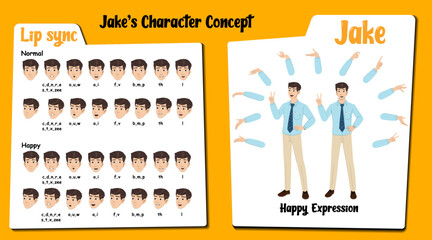 Happy male employee cartoon character AKA Jake, men wearing an office uniform. Happy face expressions and lip sync. Set of male cartoon with various hand gesture and front and 1/3 standing pose. © characterbazaar