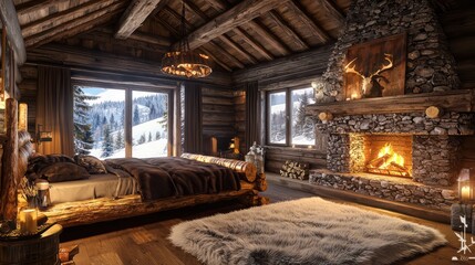 An Alpine cabin bedroom with a stone fireplace, a log bed, and a fur rug, creating a warm, rustic retreat