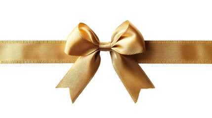 Elegant gold ribbon bow on a white isolated background, perfect for festive decorations and gifts.