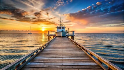 Obraz premium Fishing boat approaching wooden pier in the late afternoon