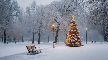 A snow-covered park with a decorated Christmas tree and benches